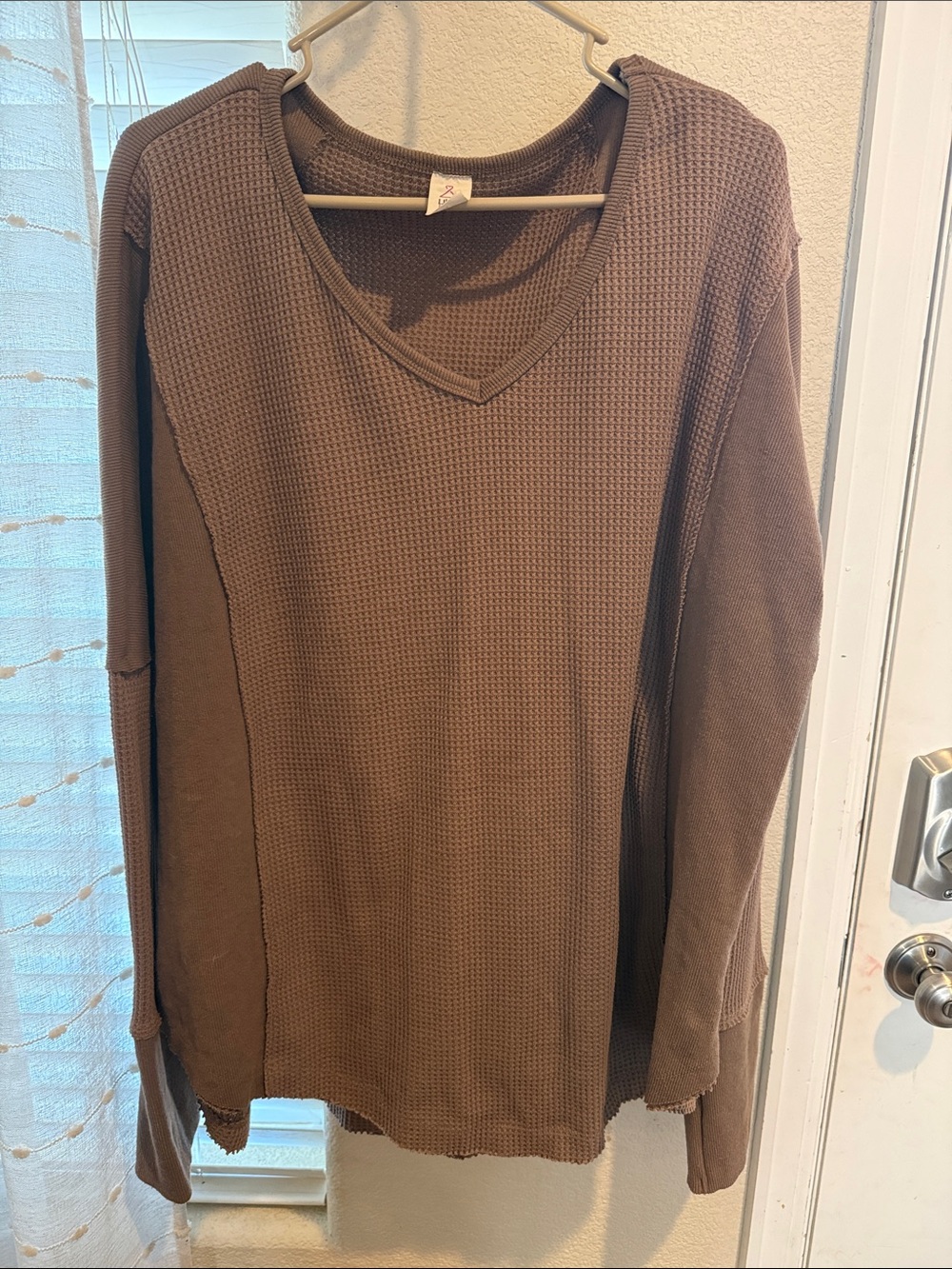 Woman’s Brown Waffle Knit V-Neck Sweater